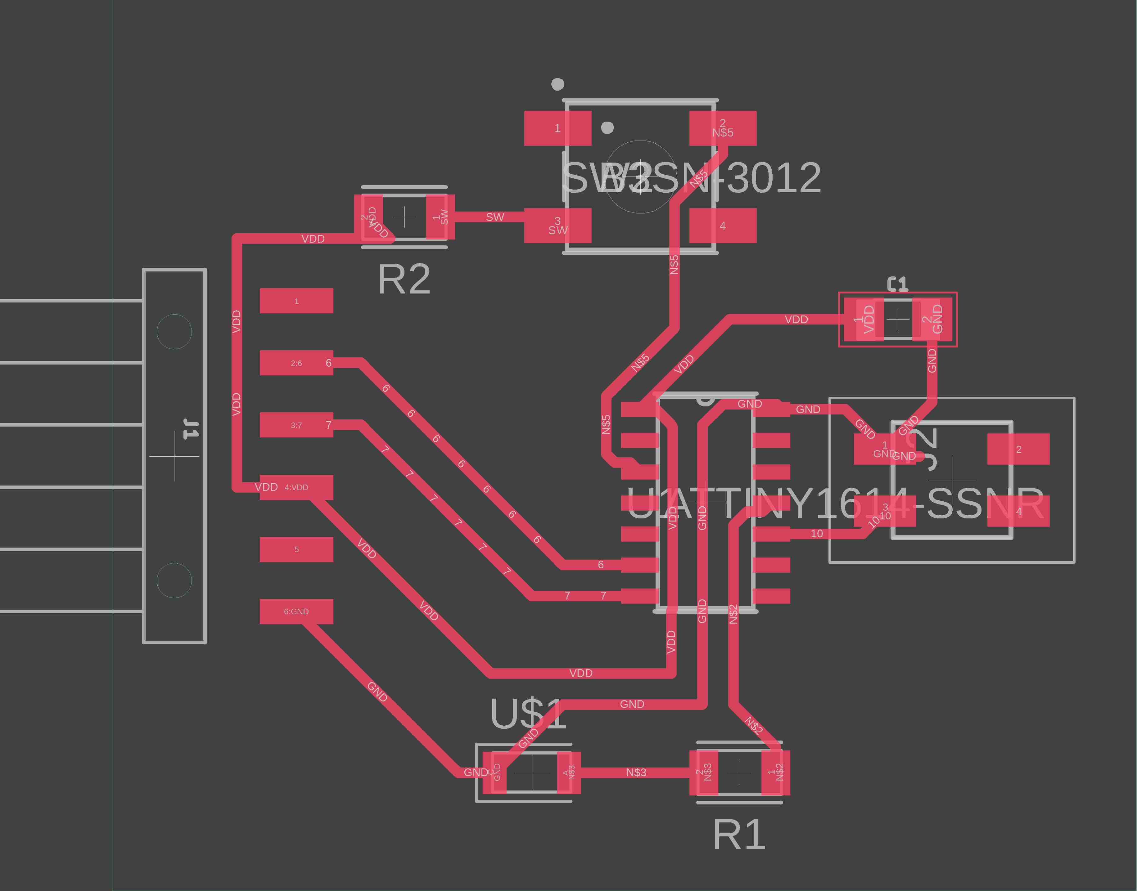 Board layouy of the ATtiny1614 controlled board.