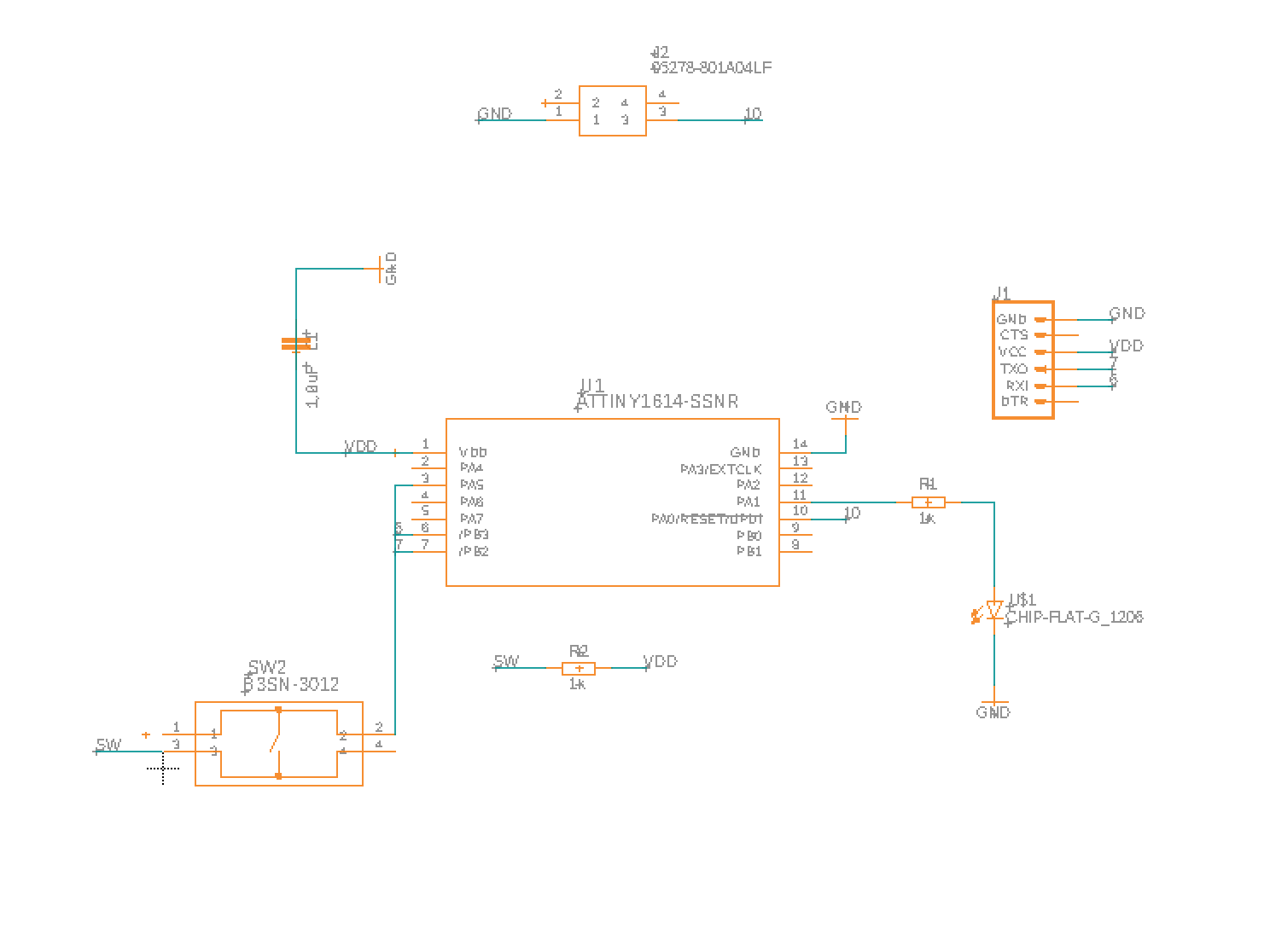 Schematic of an ATtiny1614 controlled board.